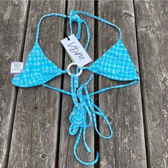 VDM The Label Ziggy Green Tropical/Blue Gingham Reversible Bikini Top Small. NWT - Picture 3 of 8